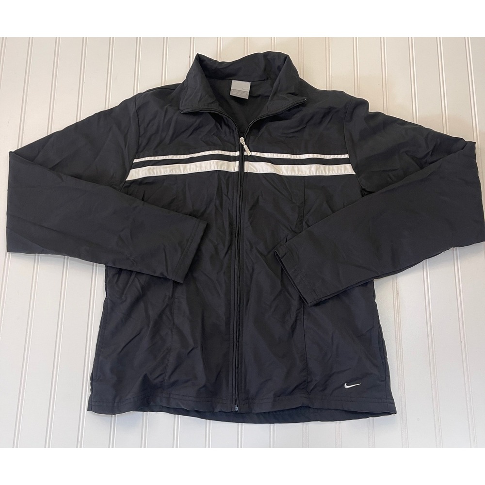 Nike Womens Track Jacket Black White Stripe Full Zip Mock Neck Medium/Large